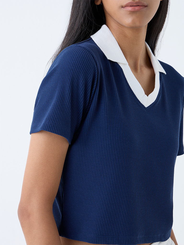 Westside Studiofit Women's Navy Ribbed-Textured T-Shirt for Sports Wear Zoomed View