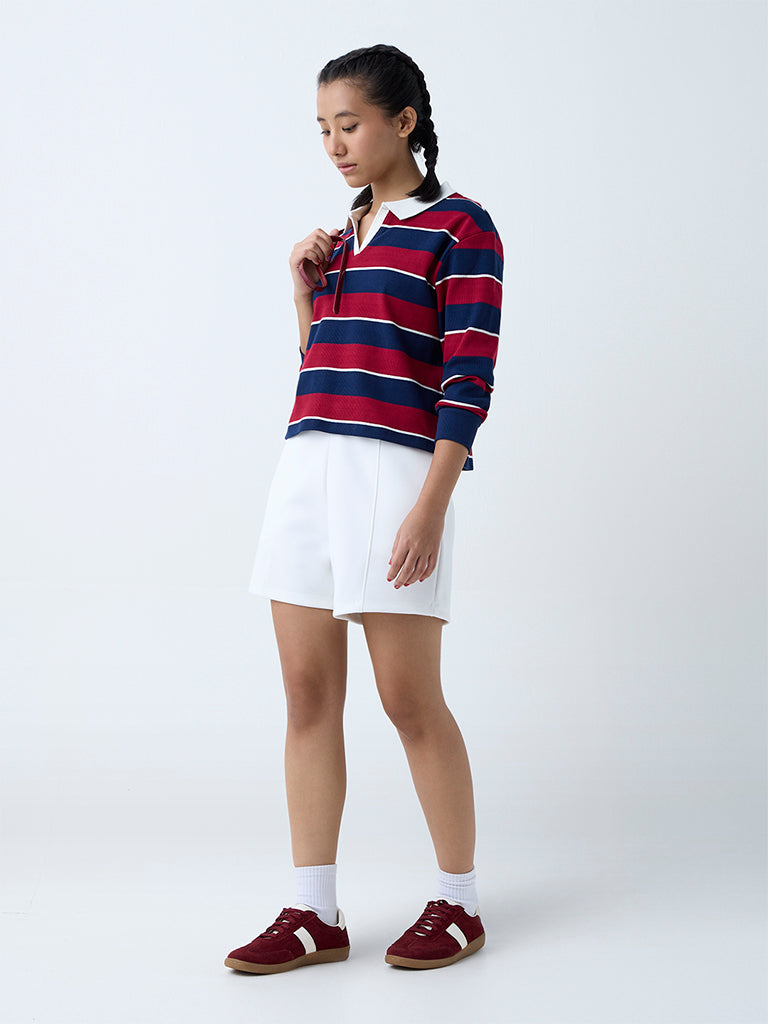 Westside Studiofit Women's Maroon Stripe Cotton-Blend T-Shirt for Sports Wear Full View