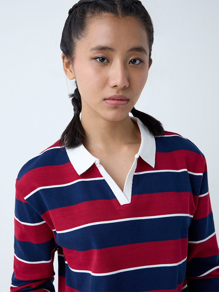 Westside Studiofit Women's Maroon Stripe Cotton-Blend T-Shirt for Sports Wear Zoomed View