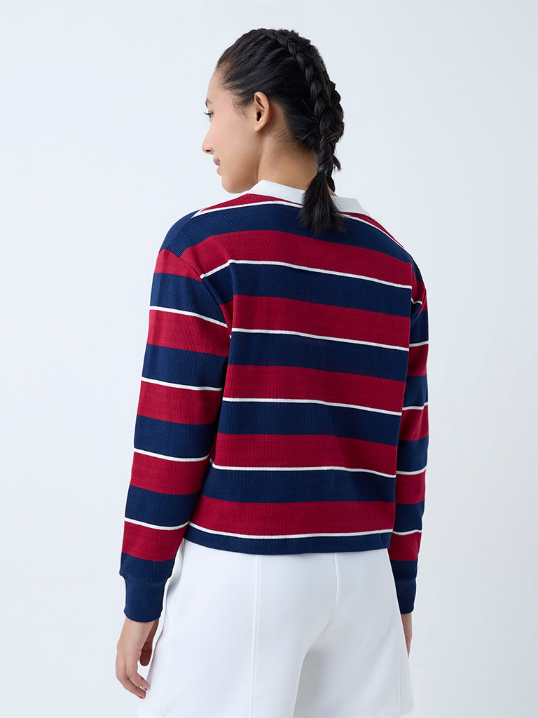 Westside Studiofit Women's Maroon Stripe Cotton-Blend T-Shirt for Sports Wear Back View