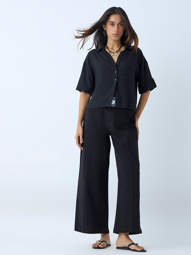 Westside LOV Women's Black Solid Linen Shirt for Casual Wear Full View