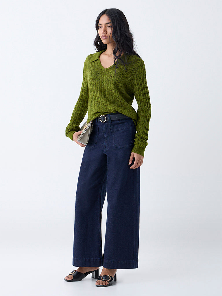 Westside LOV Women's Green Knit-Textured Sweater for Winter Wear Full View