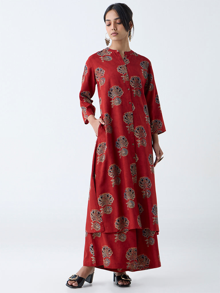 Westside Utsa Women's Red Floral Pattern A-Line Kurta for Work Wear Full View