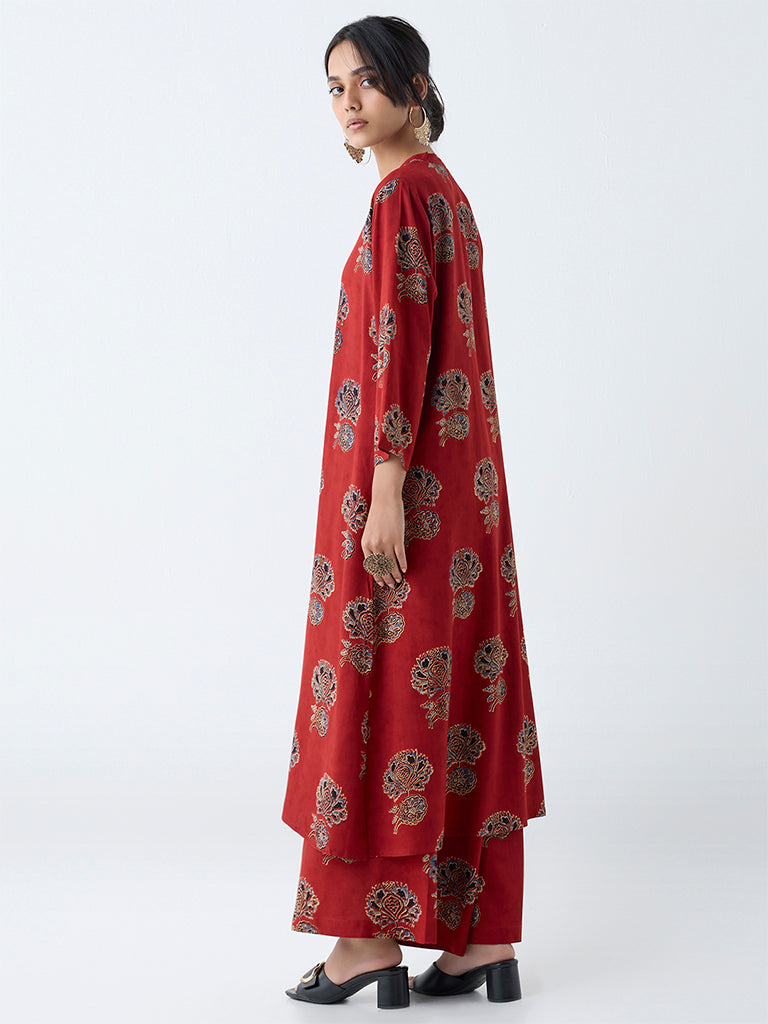 Westside Utsa Women's Red Floral Pattern A-Line Kurta for Work Wear Back View