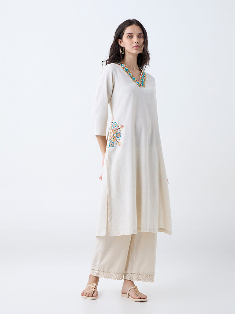 Westside Utsa Women's Beige Embroidered Cotton-Blend A-Line Kurta for Work Wear Full View