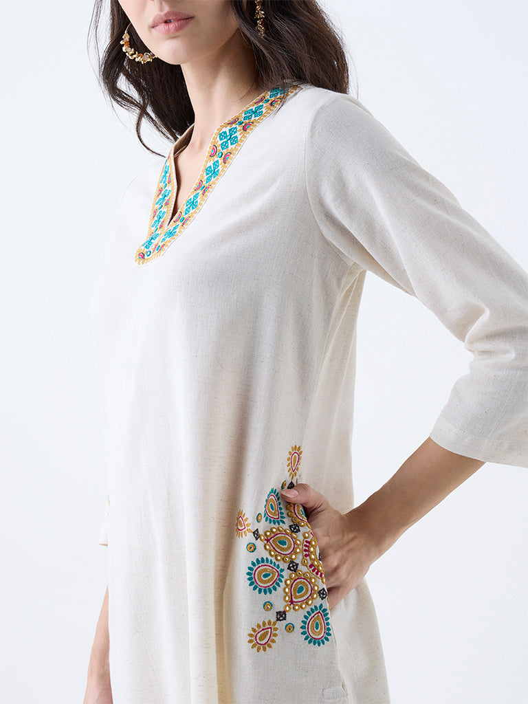 Westside Utsa Women's Beige Embroidered Cotton-Blend A-Line Kurta for Work Wear Zoomed View