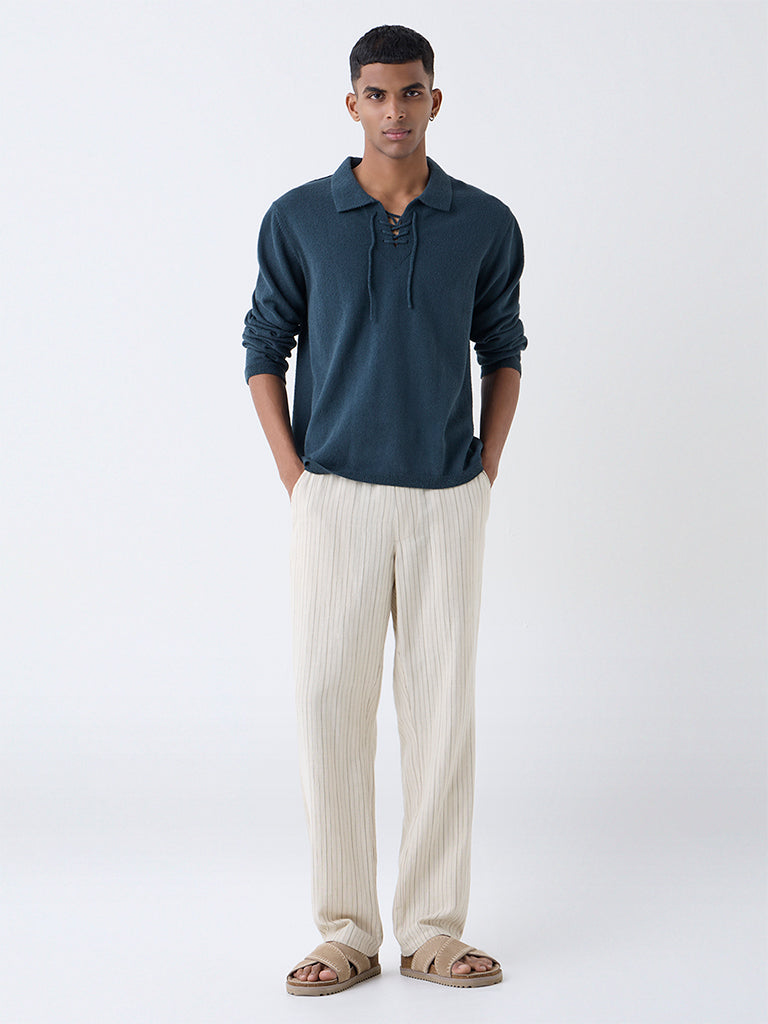 ETA Dark Blue Textured Relaxed-Fit Cotton-Blend Sweater