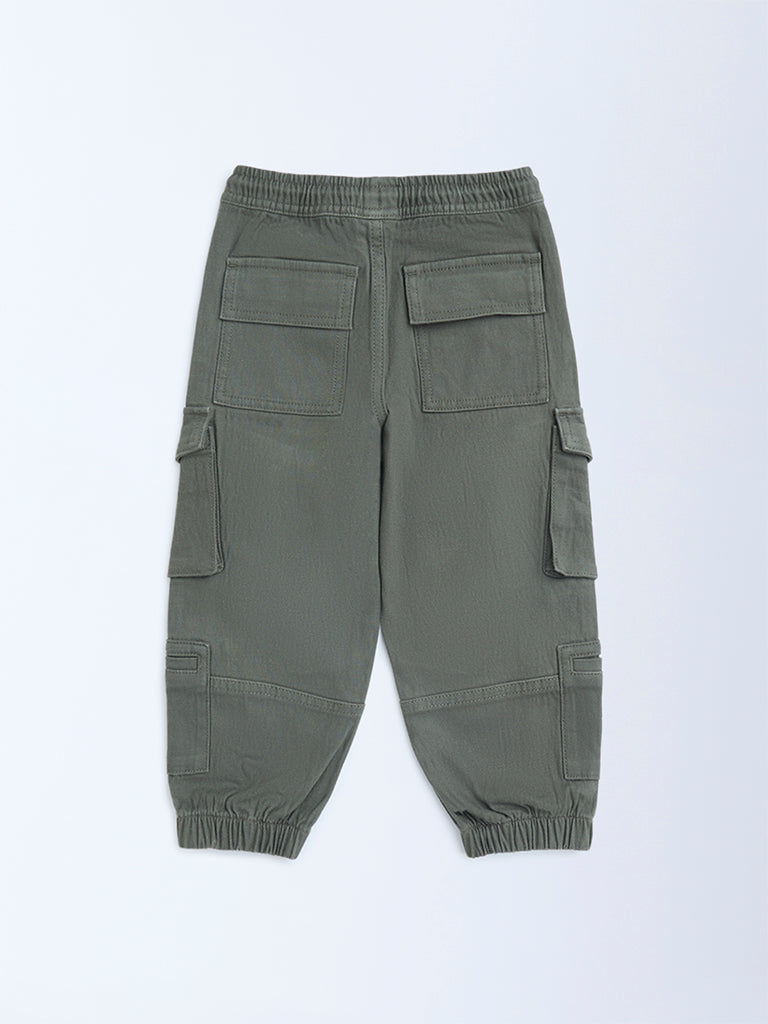 HOP Kids Boys Olive Solid Mid-Rise Cotton-Blend Joggers