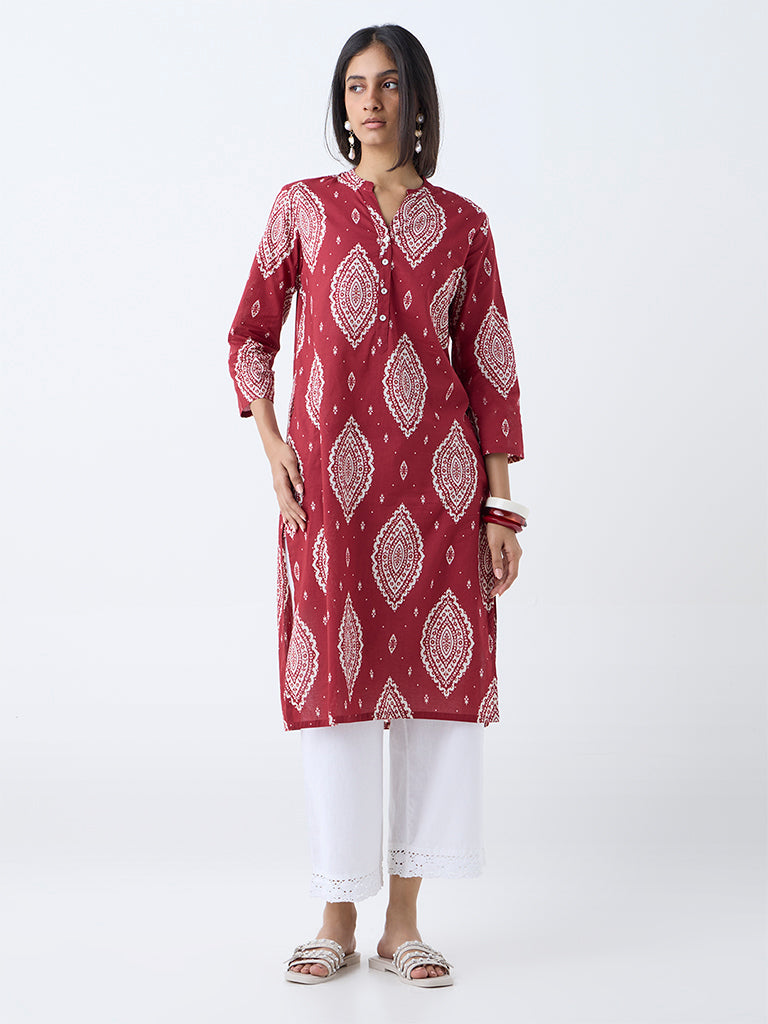 Westside Utsa Women's Maroon Printed Straight Cotton Kurta for Everyday Front view