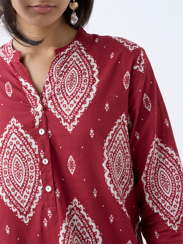 Westside Utsa Women's Maroon Printed Straight Cotton Kurta for Everyday Zoomed View