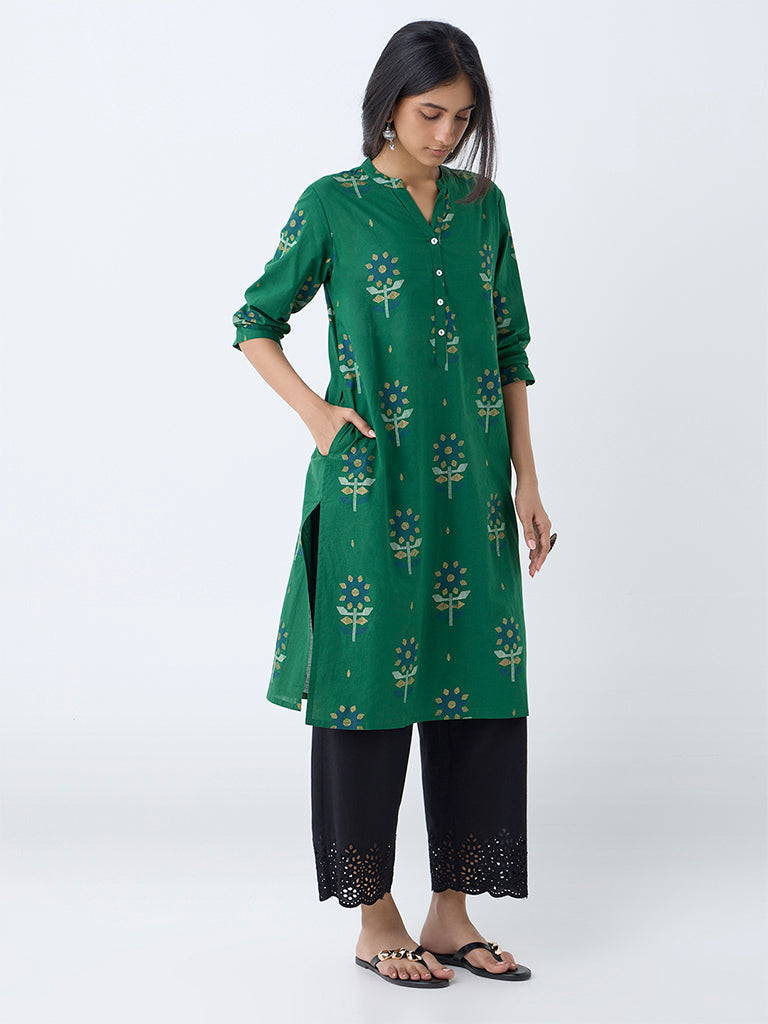 Westside Utsa Women's Green Floral Design Straight Cotton Kurta for Everyday Full View