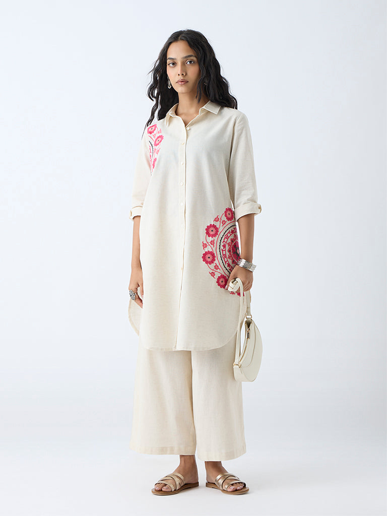Westside Utsa Women's Off-White Embroidered Straight Cotton-Blend Kurta for Work Wear Full View