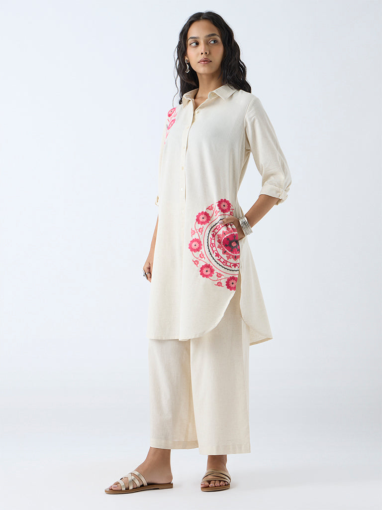 Westside Utsa Women's Off-White Embroidered Straight Cotton-Blend Kurta for Work Wear Front View