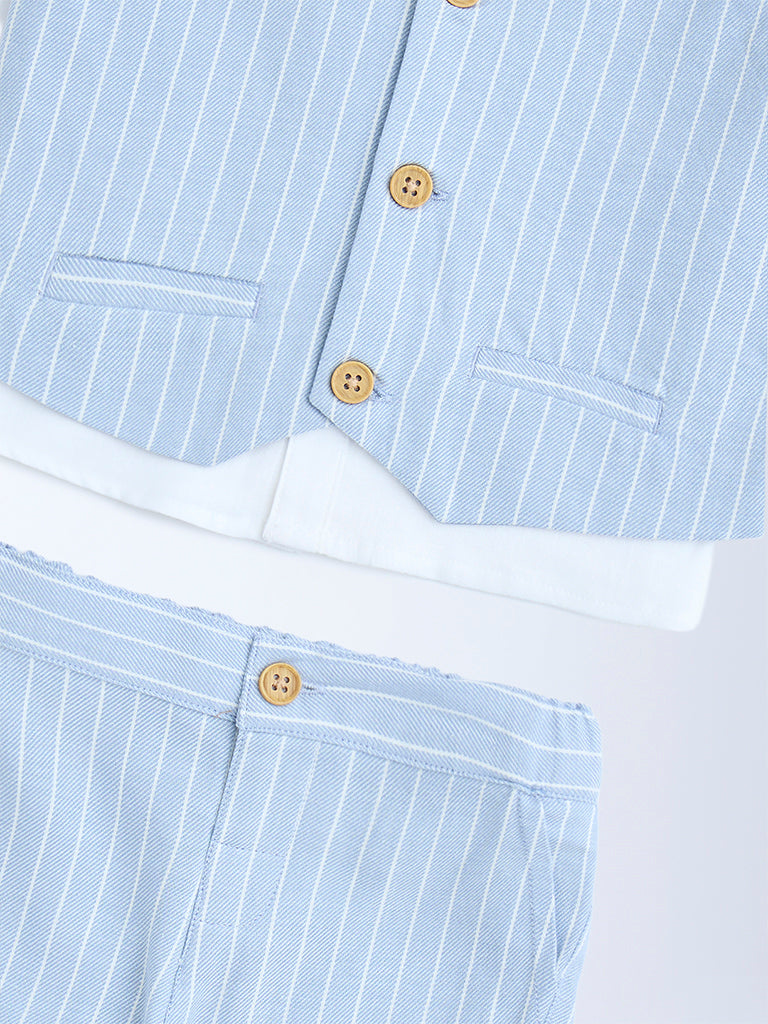 HOP Baby Boys Blue Striped Cotton Waistcoat, Shirt, Pants and Bow Set