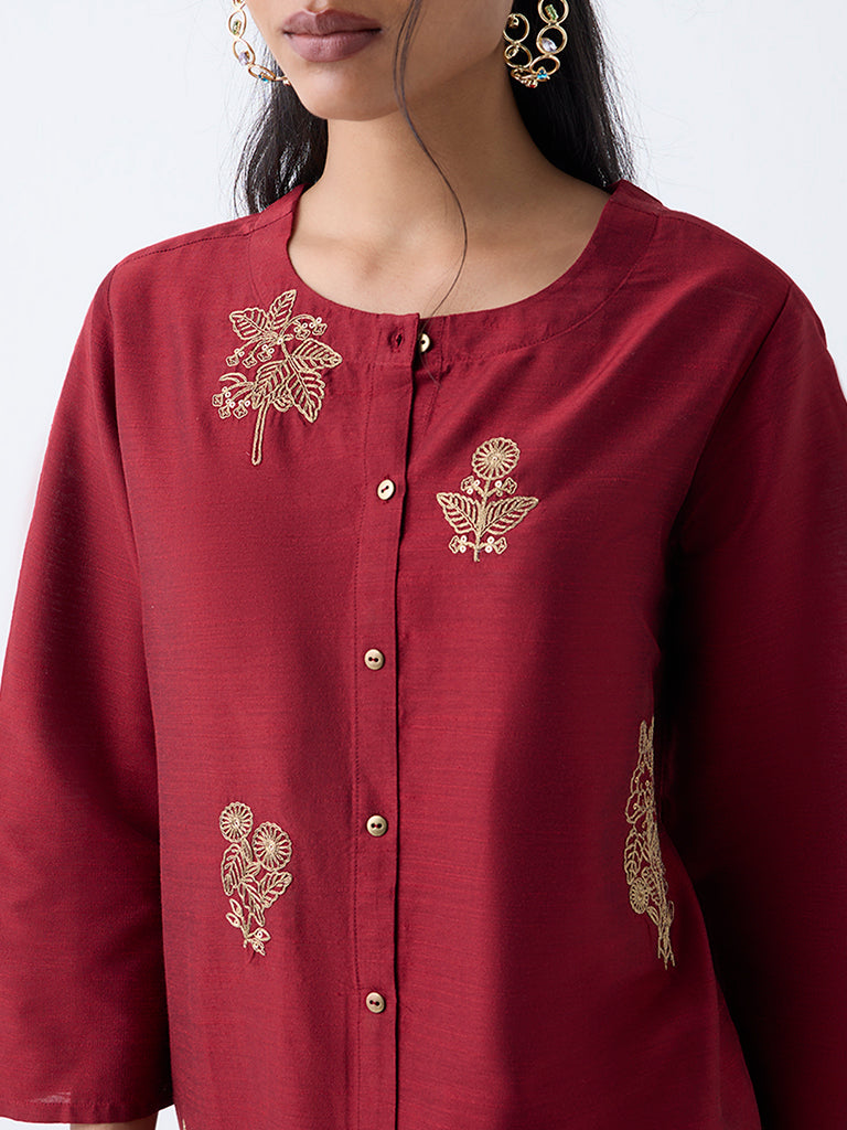 Utsa Red Zari Embroidered A-Line Kurta