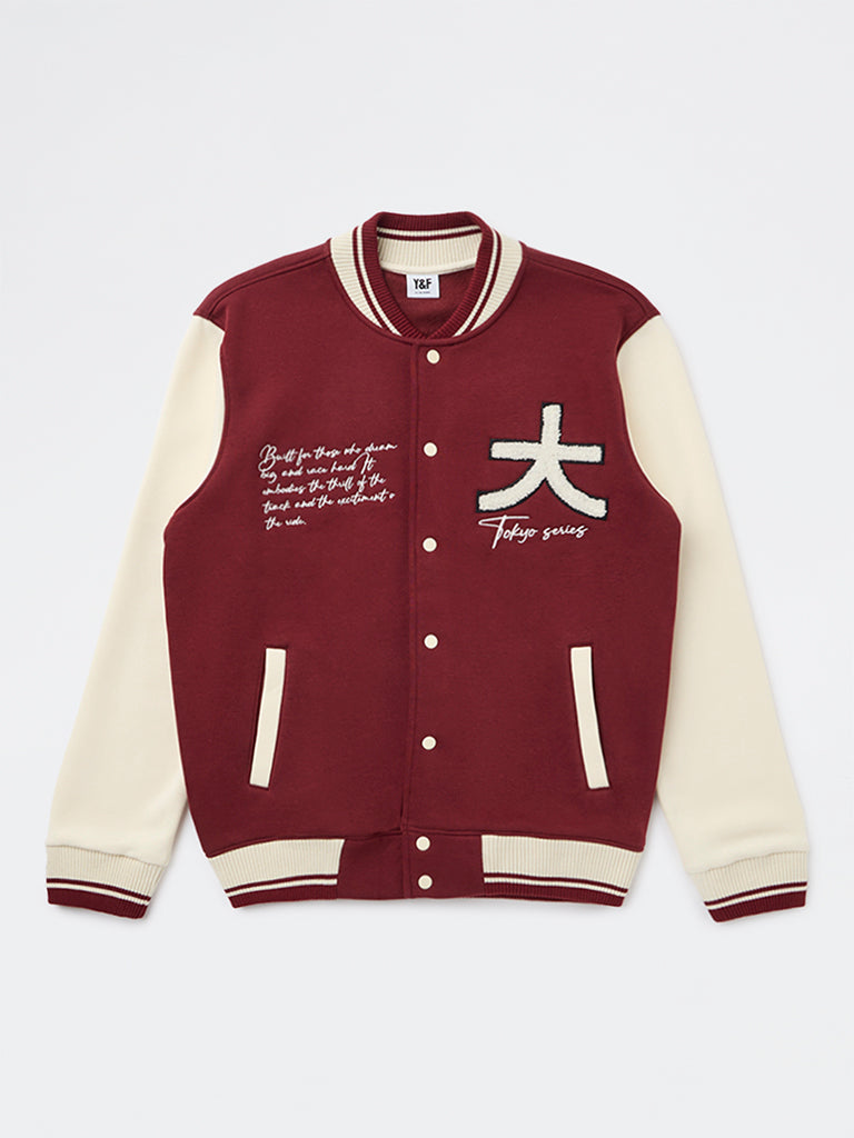 Boys Red Embroidered Cotton-Blend Varsity Jacket