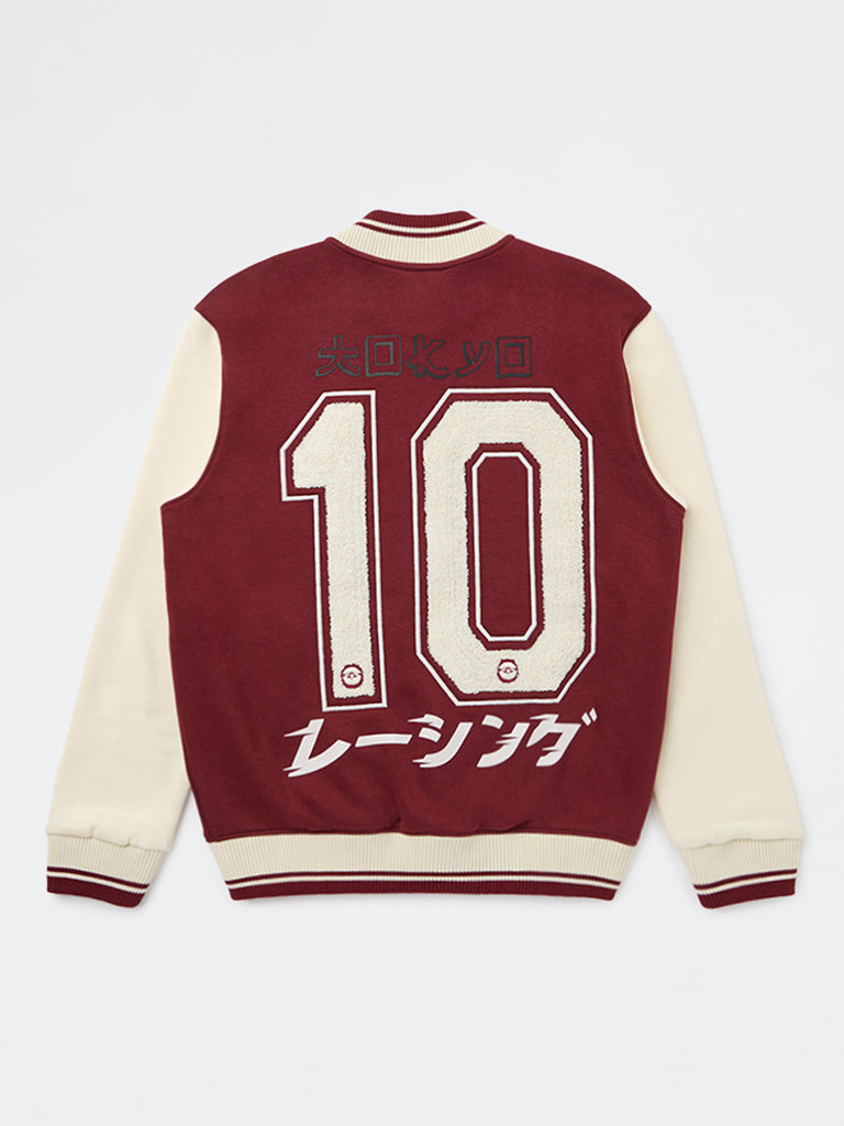 Boys Red Embroidered Cotton-Blend Varsity Jacket