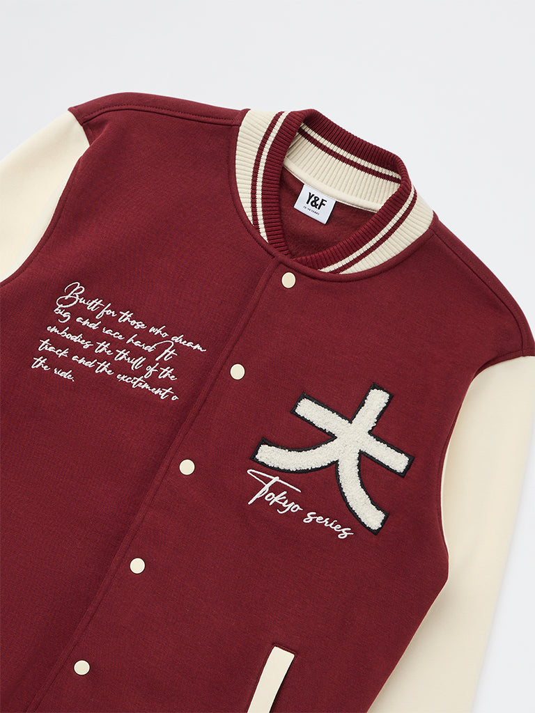 Boys Red Embroidered Cotton-Blend Varsity Jacket