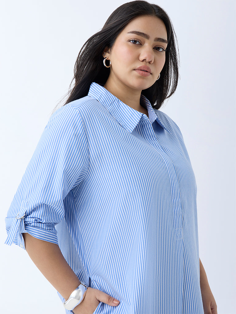 Westside Gia Women's Blue Striped Cotton Tunic Dress for Casual Wear Zoomed View