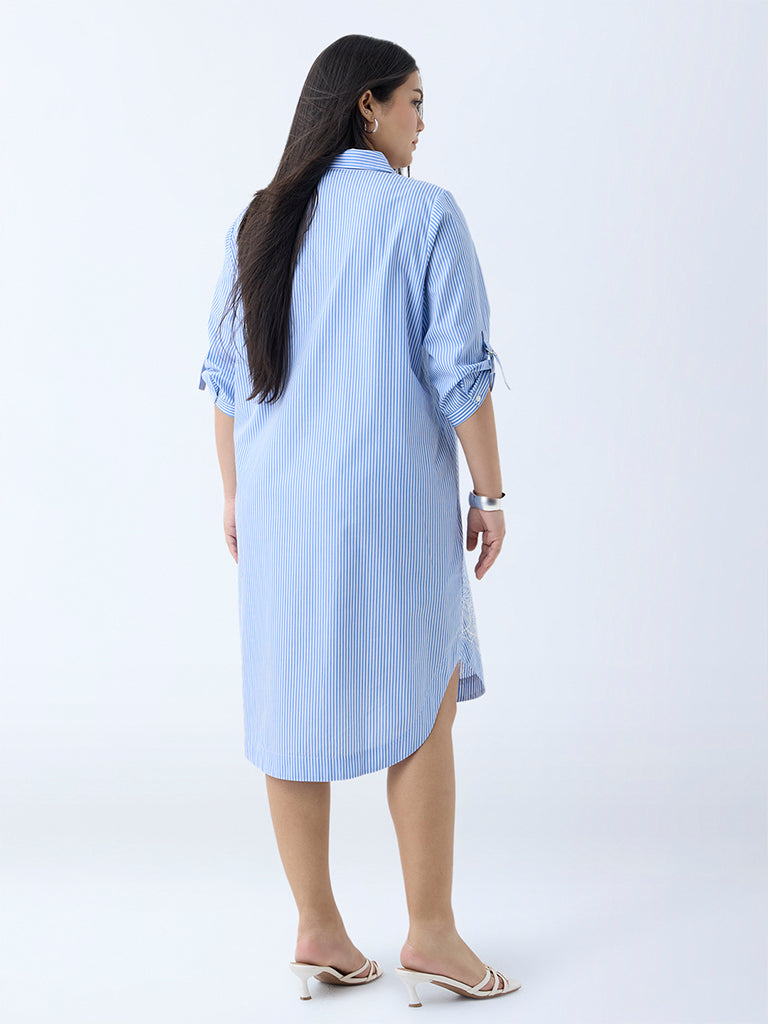 Westside Gia Women's Blue Striped Cotton Tunic Dress for Casual Wear Back View