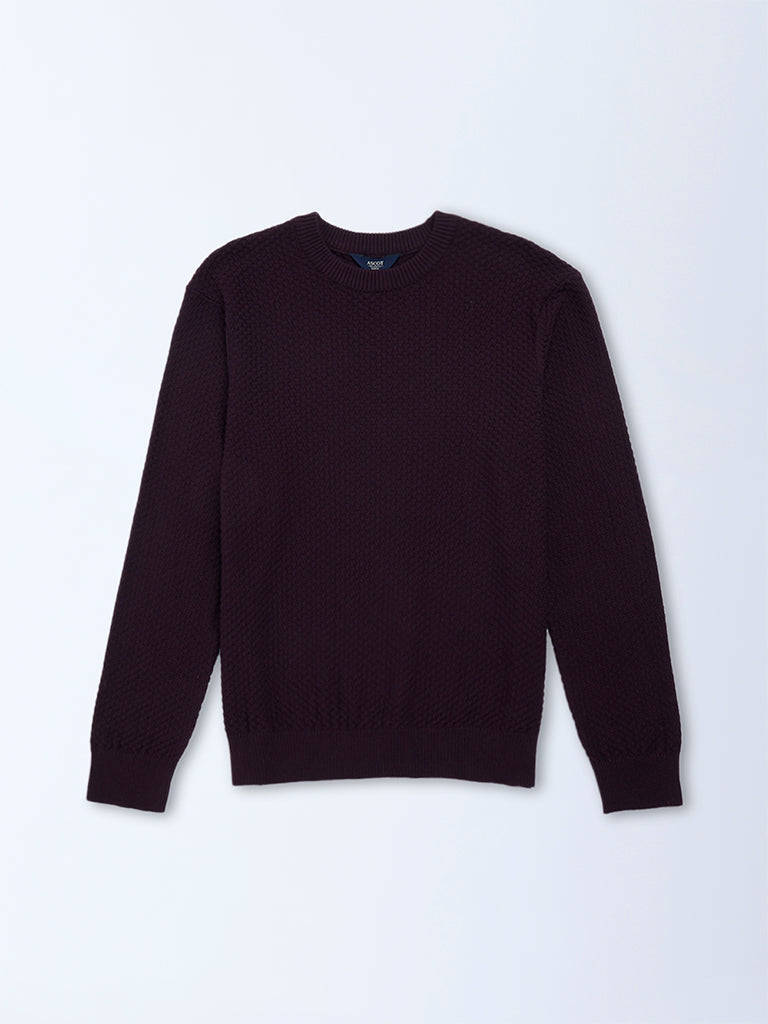 Ascot Wine Knit-Textured Relaxed-Fit Cotton-Blend Sweater