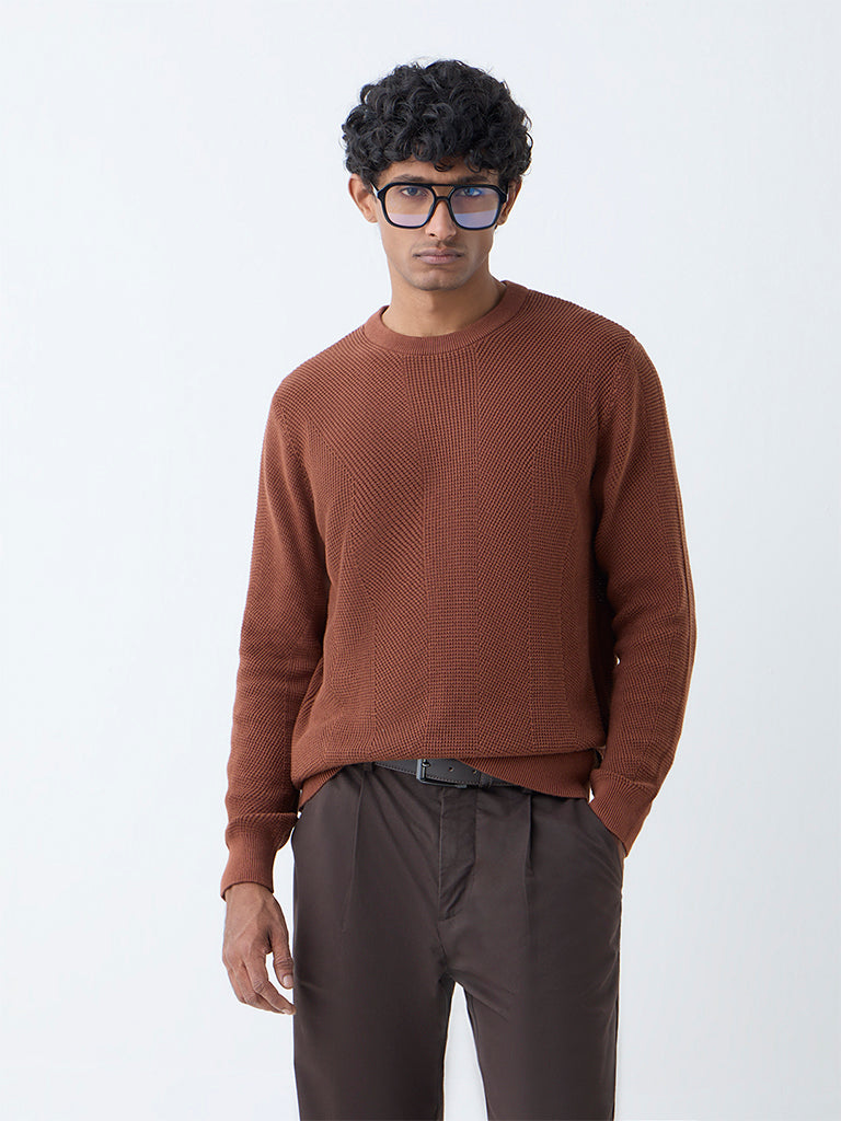 Westside Ascot Men's Brown Knit-Textured Relaxed-Fit Cotton Sweater for Winter Wear Front view