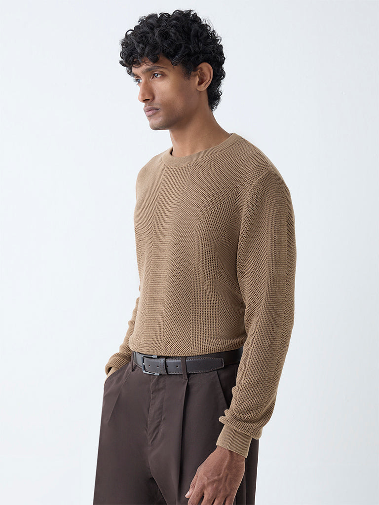 Westside Ascot Men's Taupe Knit-Textured Relaxed-Fit Cotton Sweater for Winter Wear Front view