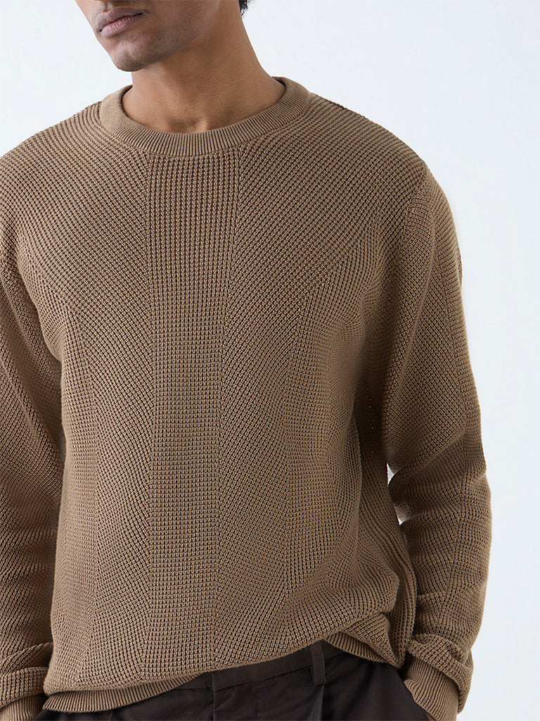 Westside Ascot Men's Taupe Knit-Textured Relaxed-Fit Cotton Sweater for Winter Wear Zoomed View