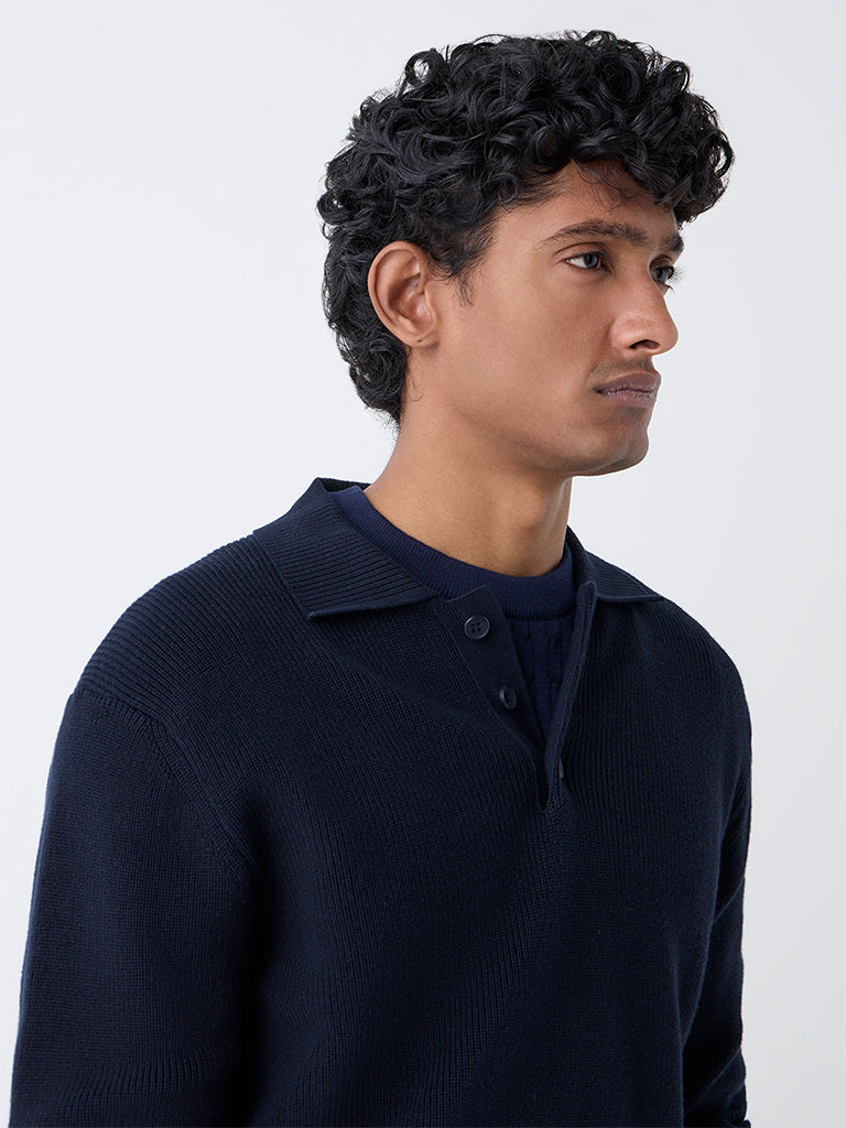 Ascot Navy Knit-Textured Relaxed-Fit Cotton Polo Sweater