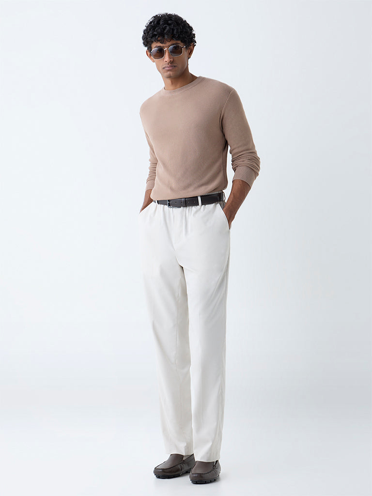 Westside WES Formals Men's Beige Knitted Slim-Fit Sweater for Winter Wear Full View
