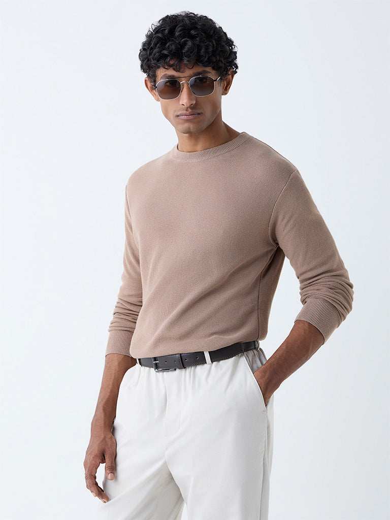 Westside WES Formals Men's Beige Knitted Slim-Fit Sweater for Winter Wear Front view