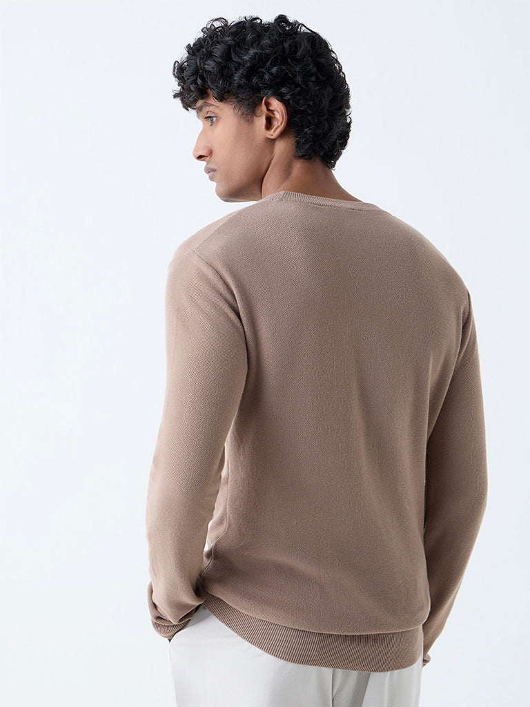 Westside WES Formals Men's Beige Knitted Slim-Fit Sweater for Winter Wear Back View