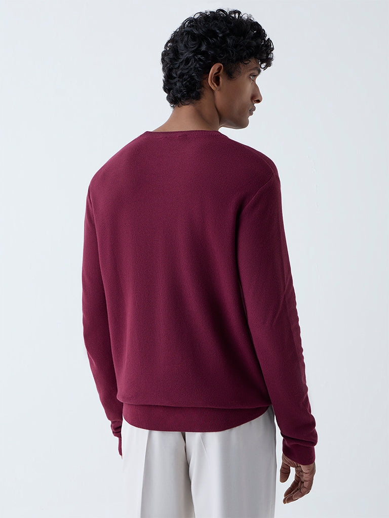 Westside WES Formals Men's Maroon Slim-Fit Sweater for Winter Wear Back View