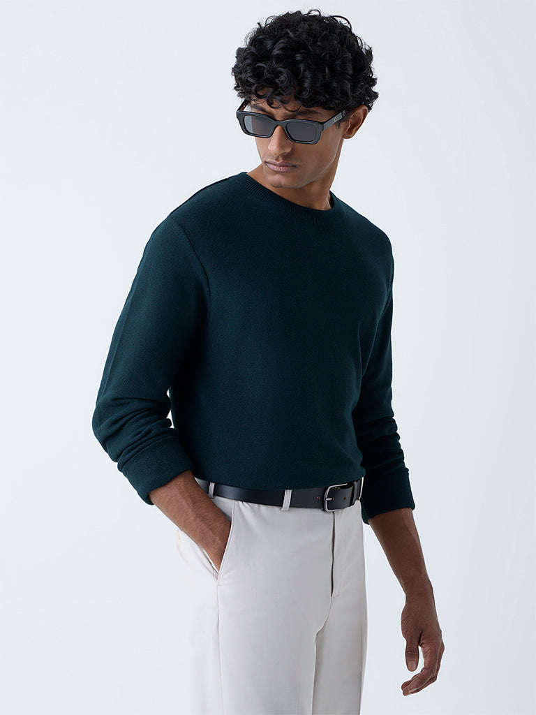 Westside WES Formals Men's Green Knitted Slim-Fit Sweater for Winter Wear Front view