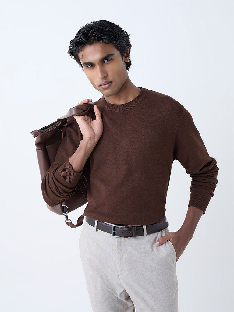 Westside WES Formals Men's Dark Brown Slim-Fit Sweater for Winter Wear Front view