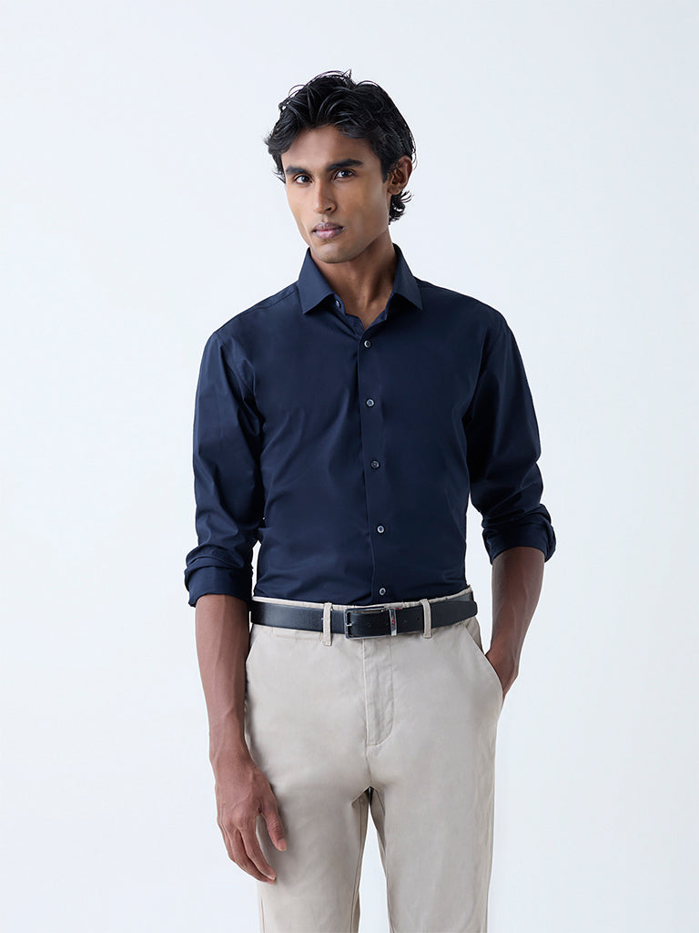 Westside WES Formals Men's Navy Solid Ultra-Slim Fit Cotton-Blend Shirt for Work Wear Front view