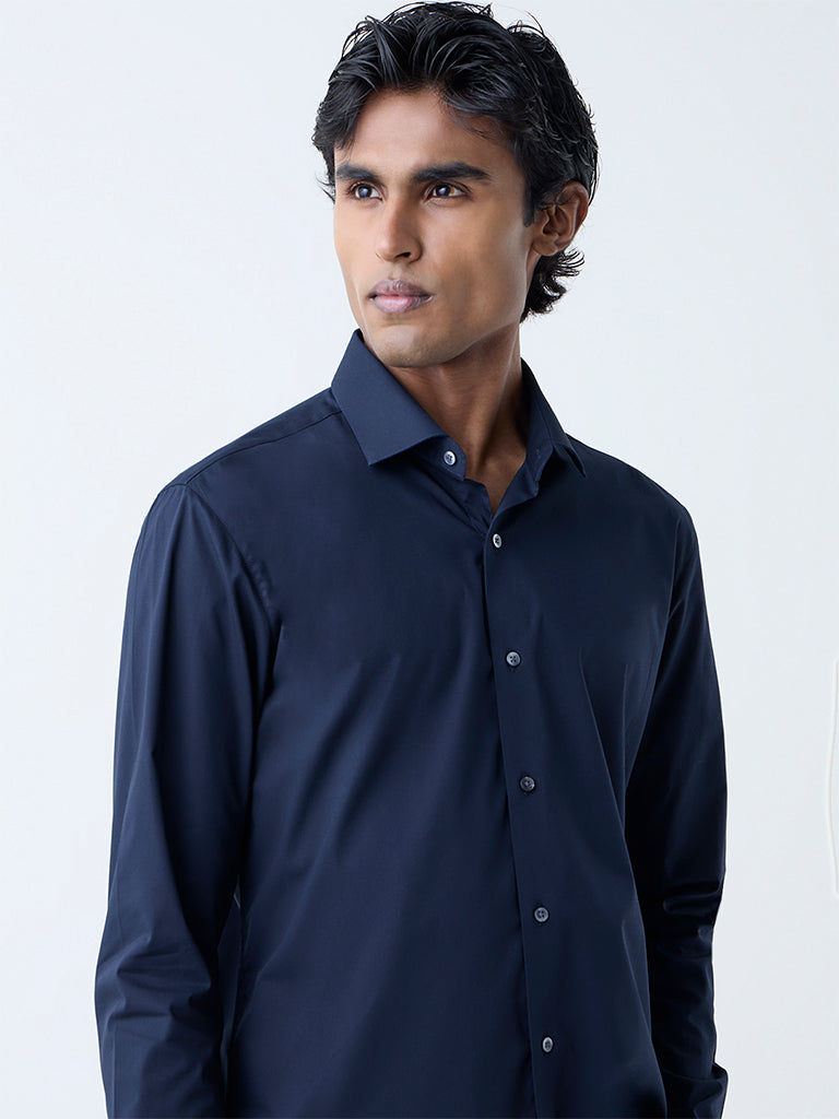 Westside WES Formals Men's Navy Solid Ultra-Slim Fit Cotton-Blend Shirt for Work Wear Front view