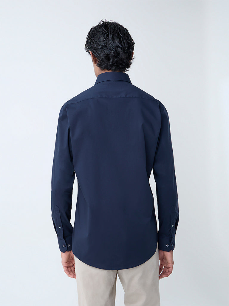 Westside WES Formals Men's Navy Solid Ultra-Slim Fit Cotton-Blend Shirt for Work Wear Back View