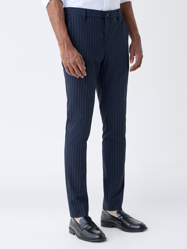 WES Formals Navy Pinstriped Slim-Fit Mid-Rise Trousers