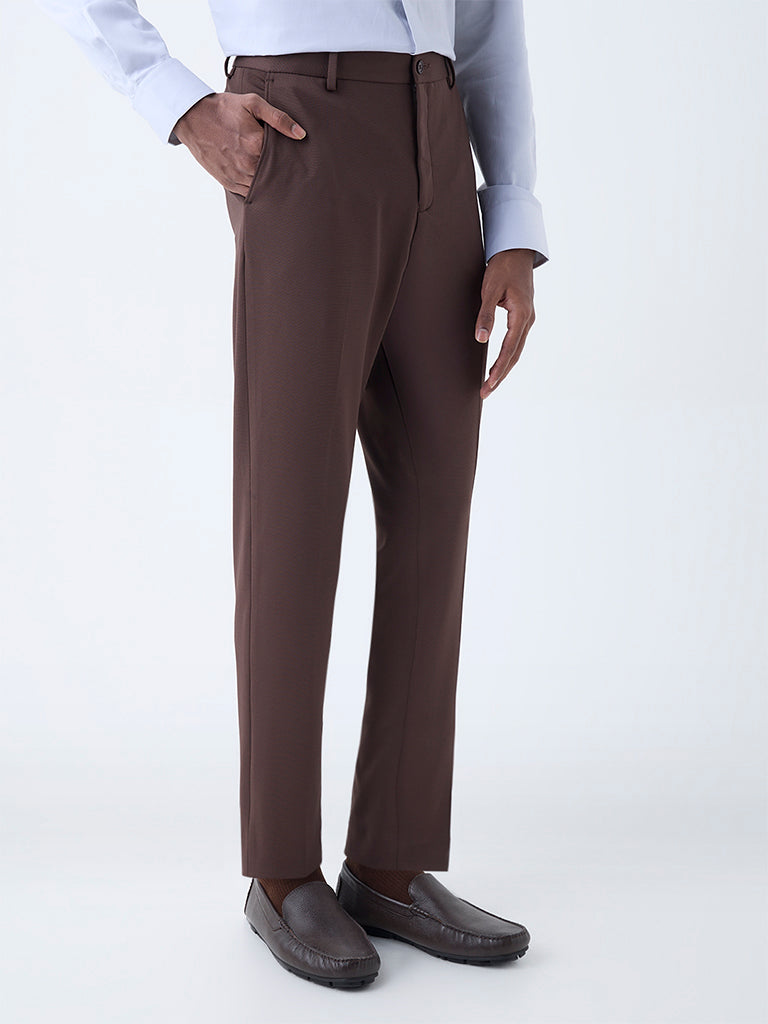 WES Formals Dark Brown Slim-Fit Mid-Rise Trousers