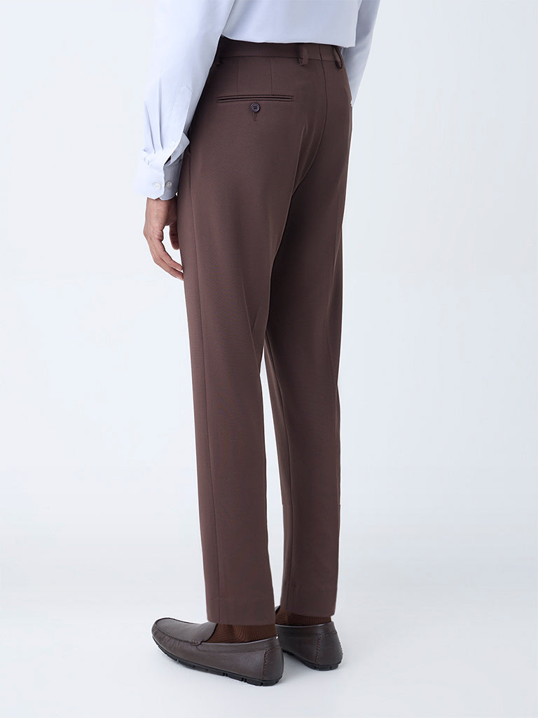 WES Formals Dark Brown Slim-Fit Mid-Rise Trousers