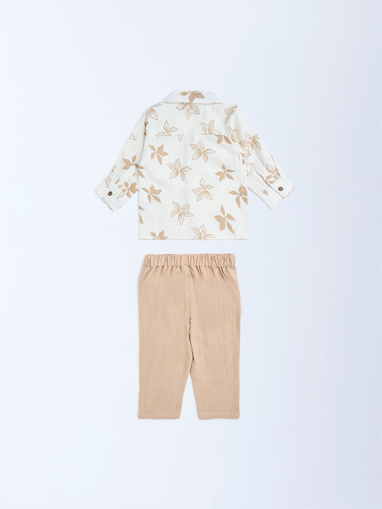 HOP Baby Boys Beige Floral Design Cotton Shirt and Trousers Set