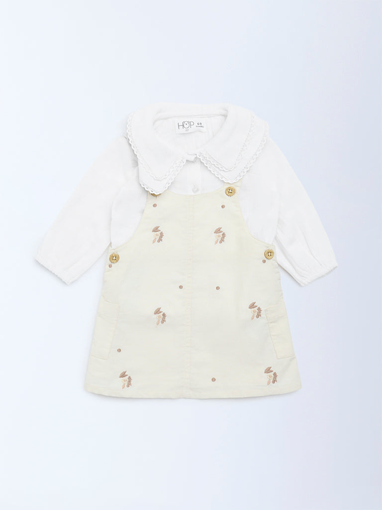 HOP Baby Girls Beige Embroidered Cotton Pinafore with Top Set