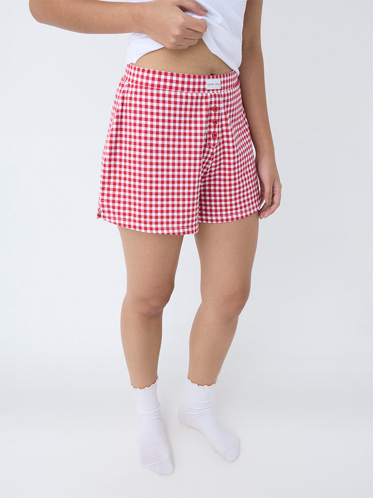 Westside Superstar Women's Red Gingham Checkered Cotton-Blend Shorts for Casual Wear Front View