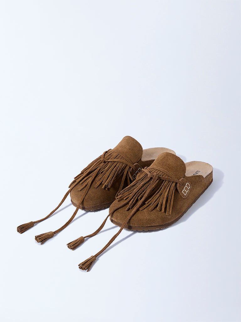 LUNA BLU Tan Fringe Detailed Suede Slip-On Shoes