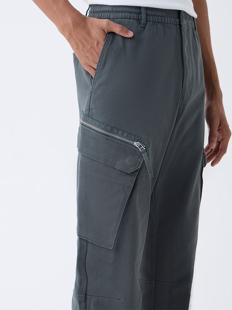 Nuon Dark Grey Relaxed-Fit Mid-Rise Cotton-Blend Cargo Pants