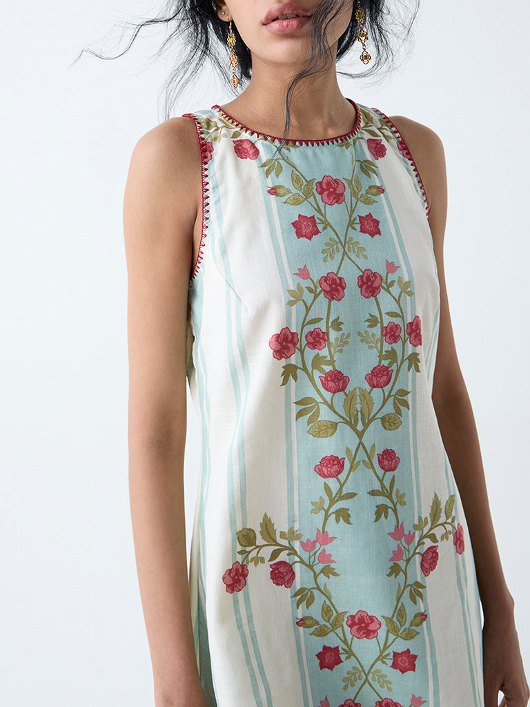 Westside Bombay Paisley Women's Off-White Floral Design Cotton Shift Dress for Everyday Zoomed View