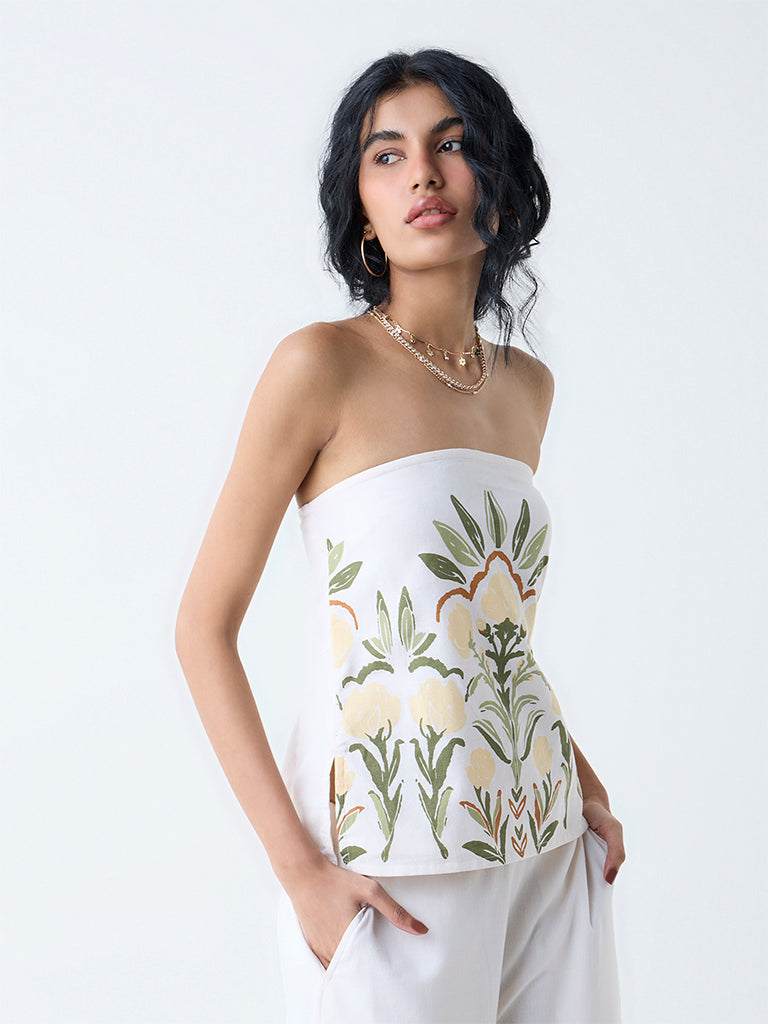 Westside Bombay Paisley Women's White Foliage Print Cotton-Blend Tube Top for Everyday Front view
