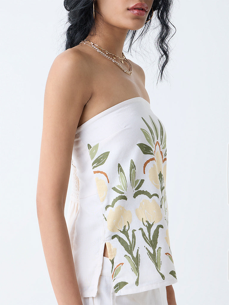 Westside Bombay Paisley Women's White Foliage Print Cotton-Blend Tube Top for Everyday Zoomed View