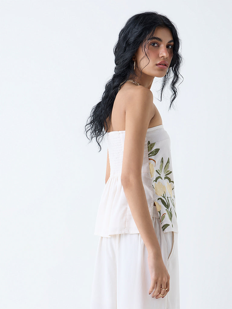 Westside Bombay Paisley Women's White Foliage Print Cotton-Blend Tube Top for Everyday Back View